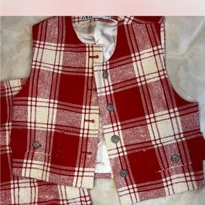 Red and White Plaid Vest/Skirt Set with Silver Buttons